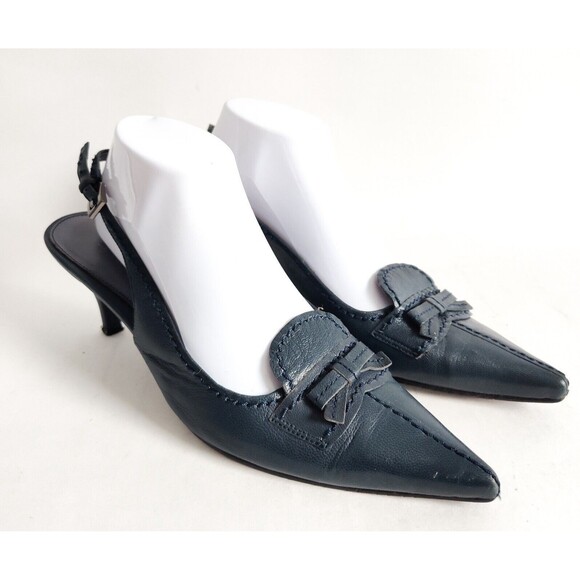 Karen Scott Shoes - Vintage Y2K 90s Karen Scott Navy Blue Leather Slingback Pointy Toe Kitten Heel 9